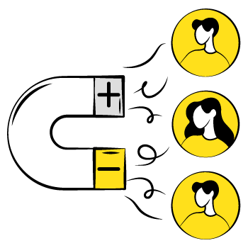 lead magnets - Simple line drawing of connected yellow circular faces showing different expressions and emotions, linked by a magnet