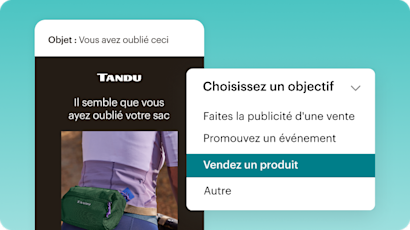 Un exemple de création de contenu généré par l’IA. Ici, une entreprise peut sélectionner n’importe quel objectif marketing (par exemple, annoncer une promotion, promouvoir un événement, vendre un produit, etc.) et demander à l’IA de Mailchimp de lui suggérer un e-mail complet pour atteindre ce but. 
