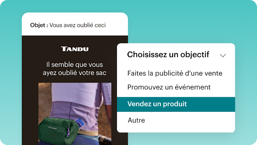 Un exemple de création de contenu généré par l’IA. Ici, une entreprise peut sélectionner n’importe quel objectif marketing (par exemple, annoncer une promotion, promouvoir un événement, vendre un produit, etc.) et demander à l’IA de Mailchimp de lui suggérer un e-mail complet pour atteindre ce but. 