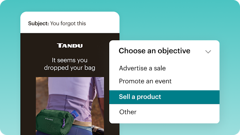 An example of AI-generated content creation. Here, a business can select any marketing objective they have — like advertise a sale, promote an event, sell a product, and others — and have Mailchimp’s AI suggest a complete email to accomplish that goal. 
