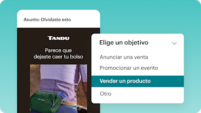 Un ejemplo de creación de contenido generado por IA. Aquí, una empresa puede seleccionar cualquier objetivo de marketing que tenga, como anunciar una venta, promocionar un evento, vender un producto y otros, y hacer que la IA de Mailchimp sugiera un correo electrónico completo para lograr ese objetivo. 