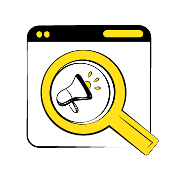 google ad extensions - yellow magnifying glass icon hovering over an interface with a megaphone in the middle