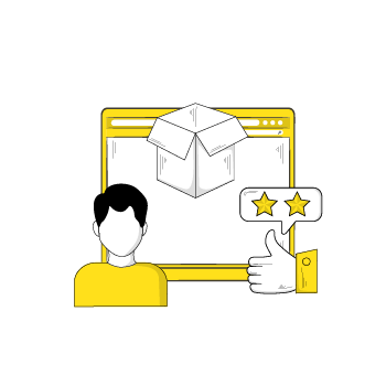 personalized product recommendations - illustration of a cardboard box, human figure and thumbs up icon with stars above it