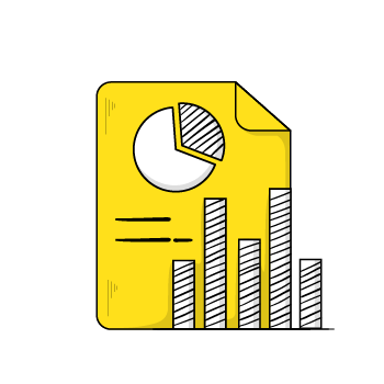 key metrics - Simple line drawings of business charts and graphs on yellow backgrounds showing data visualization and analytics