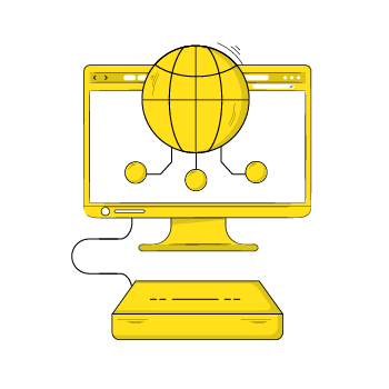 future of AI - Yellow line illustration of a computer monitor displaying a globe icon with connected network nodes