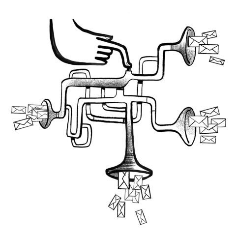 A hand pushing a button on a contraption that delivers mail