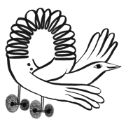 Doodle of bird slinky toy on wheels. 