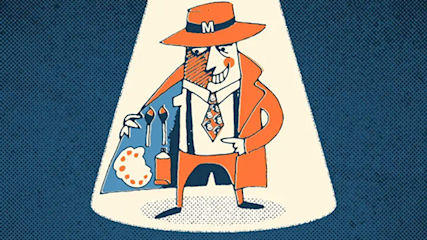 Cartoon illustration of a smiling character in orange coat and hat holding art supplies in spotlight against blue background