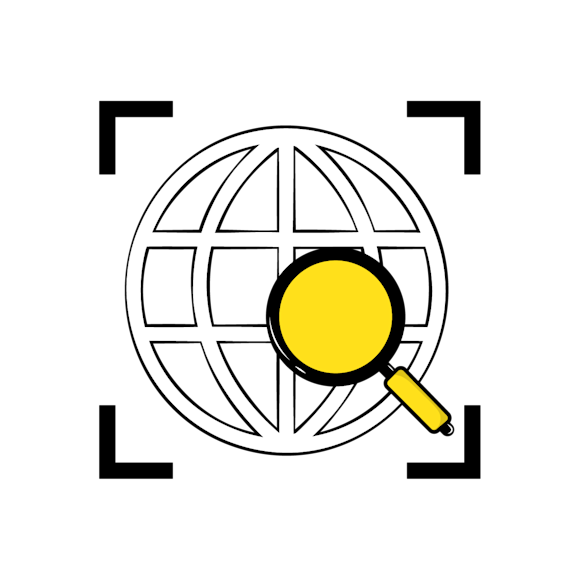 online business directories - Line drawing of a wireframe globe with a yellow magnifying glass overlaid
