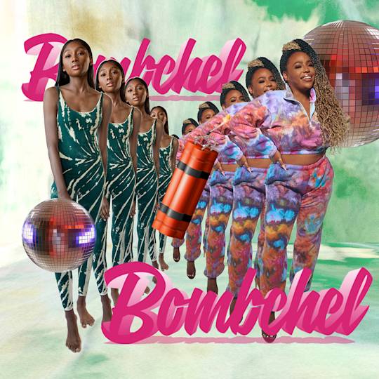 Artistic collage showing transition from green tie-dye jumpsuit to colorful tie-dye outfit, with disco balls and "Bombshel" text in pink