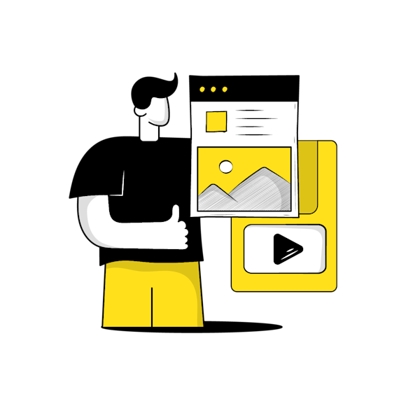 facebook marketing - Minimalist illustration of a figure in black attire holding a framed image against a yellow background with floating rectangular elements