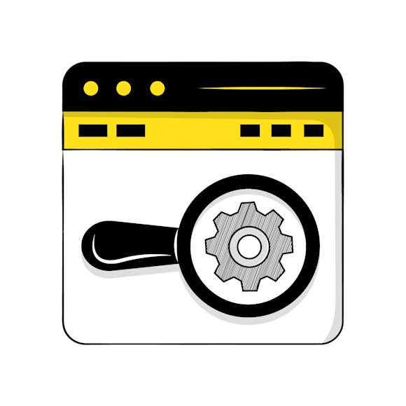 HTML5 tags - illustration of an interface featuring a magnifying glass and gear icon