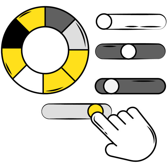 colors for brand marketing - Icon showing a circular menu or settings wheel with yellow and gray segments, and a hand cursor pointer selecting an option