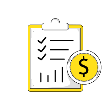 smb marketing budget - illustration of a clipboard with a checklist, bar graph, and circular icon with a dollar sign $