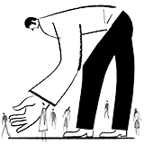 Illustration d'un humain géant penché à la recherche de personnes plus petites