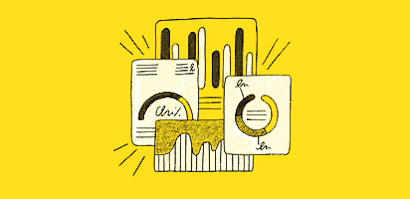 Illustrated icons on bright yellow background showing content creation elements like microphone, documents, and speech bubbles
