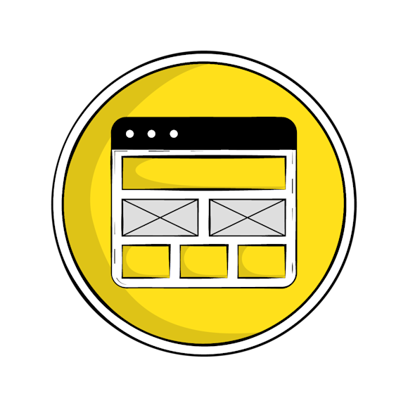 improve email engagement - Icon showing a simplified webpage layout with header, content blocks, and navigation elements in a yellow circular frame