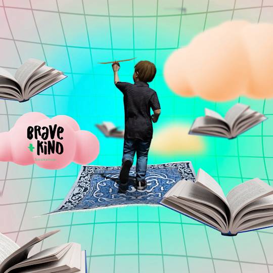 Child standing on flying magic carpet surrounded by floating books and pink clouds, with Brave + Kind bookshop logo