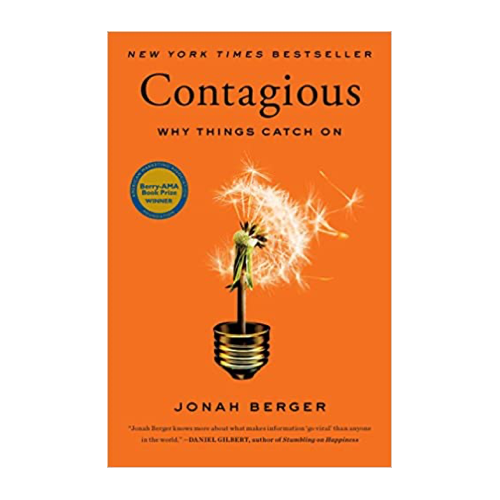 Book cover of "Contagious" by Jonah Berger featuring a dandelion seed emerging from a light bulb against an orange background