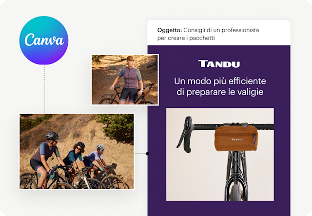 Modello di email con ciclisti e una borsa portaoggetti sul manubrio di una bicicletta, con il logo Canva.

