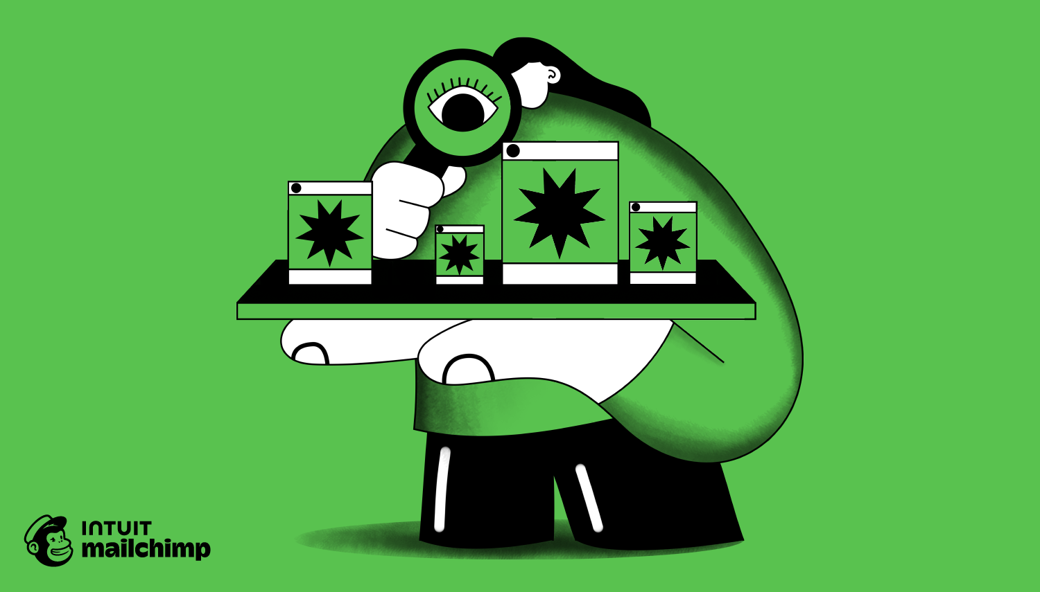 Cartoon figure in green holding a shelf with product containers, examining them through a magnifying glass against green background