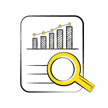 create a quiz - Line drawing of a bar graph with an attached magnifying glass icon