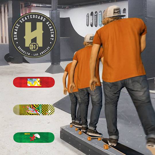 Skateboarders in orange shirts practicing at indoor skate park with Homage Academy logo and colorful skateboards displayed on wall