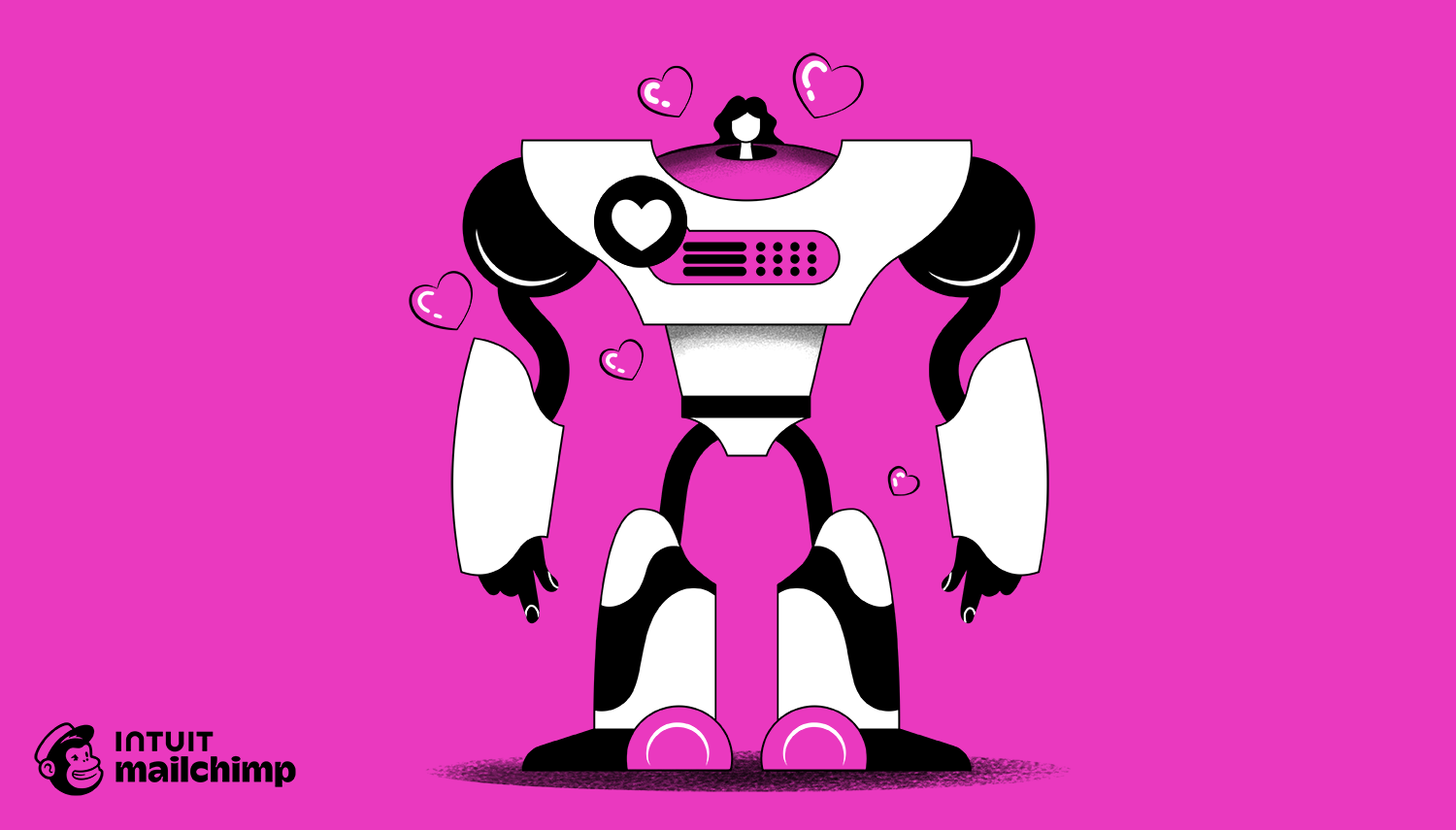 Friendly robot character in black and white against pink background, with heart icons and Mailchimp logo, displaying a loving expression