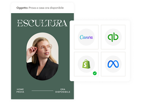 Persona che indossa degli occhiali con montatura arancione su sfondo rosa, con il testo "Elementary Eyewear" e i loghi di Woo, Magento, BigCommerce e Vimeo.