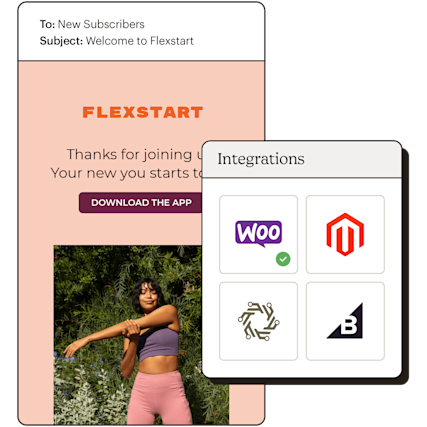 Showing e-commerce integration options with Woo Commerce marked as connected.