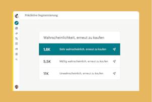 Ein prädiktives Segmentierungsdiagramm, das die Wahrscheinlichkeit eines erneuten Kaufs durch Kunden in drei Kategorien zeigt: 16.000 sehr wahrscheinlich, 5.500 mäßig wahrscheinlich und 11.000 unwahrscheinlich