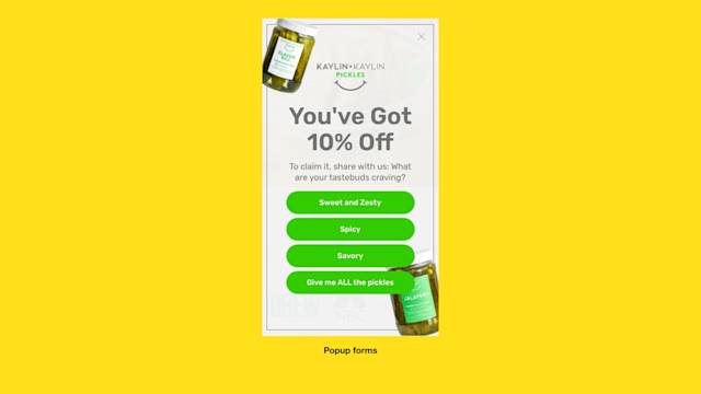 Screenshot of a Mailchimp popup form for Kaylin and Kaylin Pickles offering 10% off with interactive flavor preference buttons