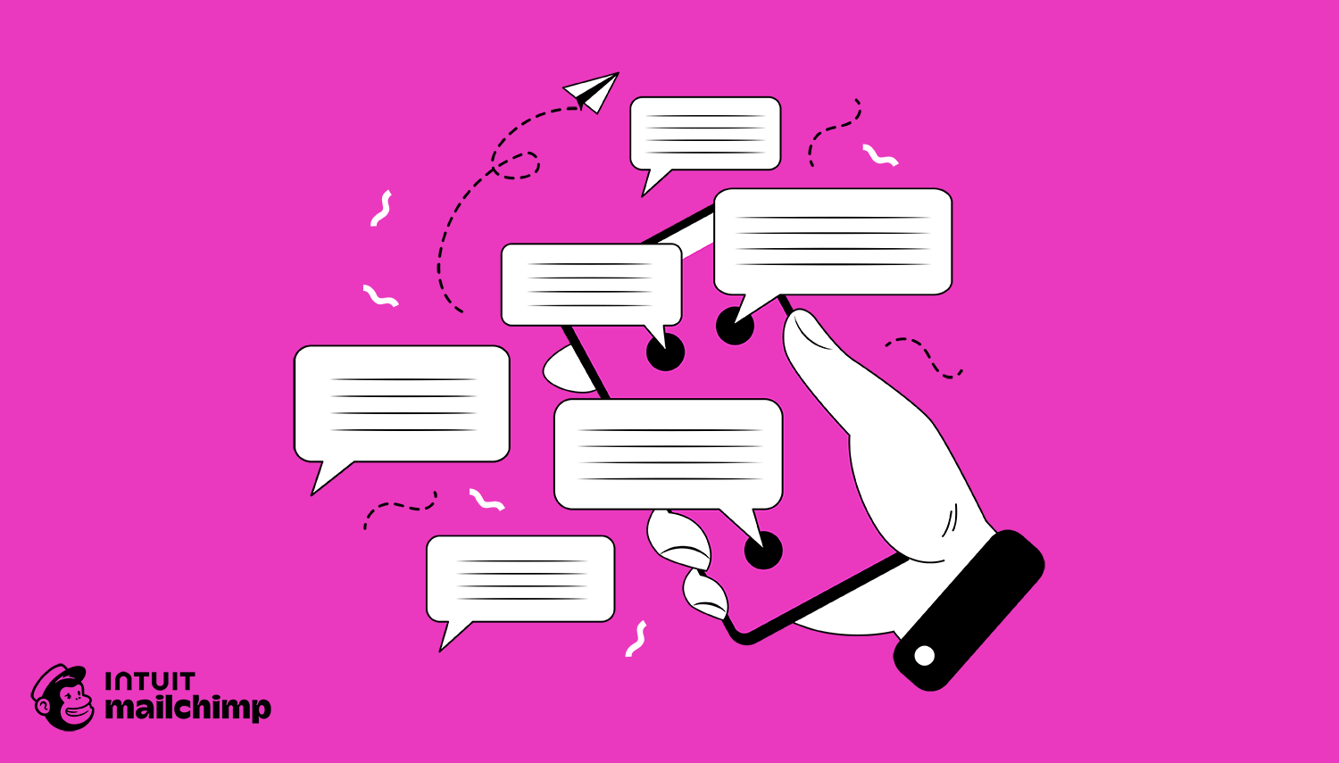 Multiple empty speech bubbles coming out of a mobile phone and a paper airplane scattered on a bright pink background with Intuit Mailchimp logos at bottom