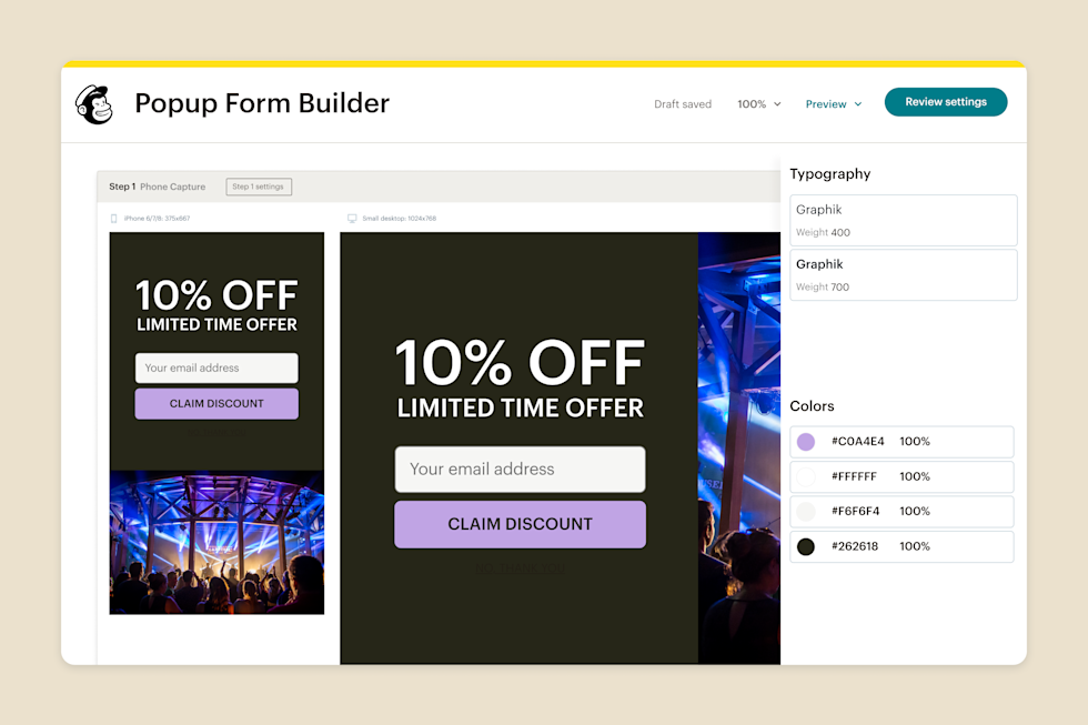 Mailchimp’s popup form builder interface is shown, divided into two sections. On the left, a form preview displays on both mobile and desktop screens, promoting a limited-time 10% discount. On the right, customization options include typography and color palettes for form design.