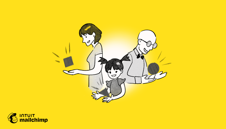 Simple cartoon illustration of three people juggling objects against a yellow background, drawn in black and gray linework
