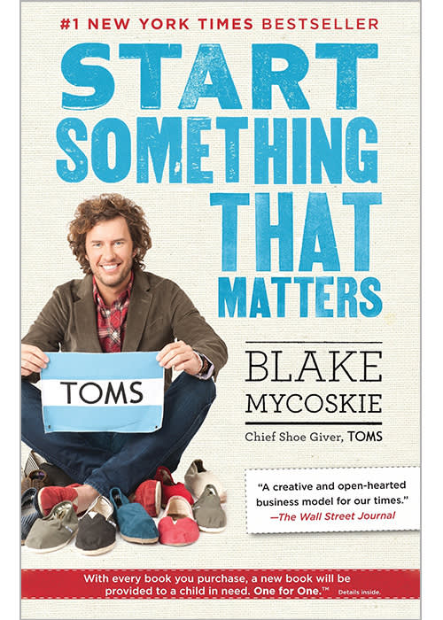 Book cover "Start Something That Matters" by TOMS founder, showing casual shoes and #1 NYT Bestseller banner in blue and red design