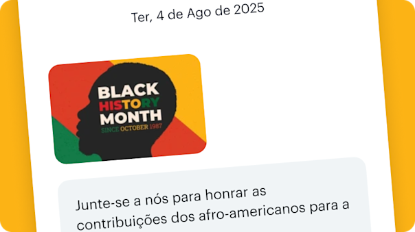 Exemplo de mensagem SMS sazonal do Mailchimp, destacando promoções relacionadas ao Mês da História Negra.