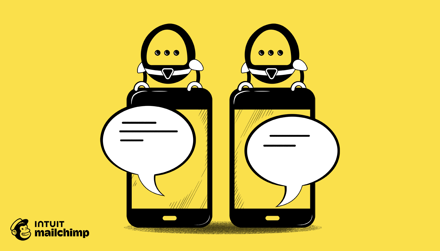 Two smartphones with chat bubbles and cartoon robot characters on top, shown against a yellow background with Mailchimp logo