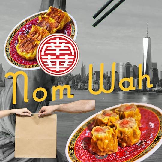 Chinese dumplings on traditional red plates with NYC skyline backdrop, showing food delivery and yellow "Nom Wah" text
