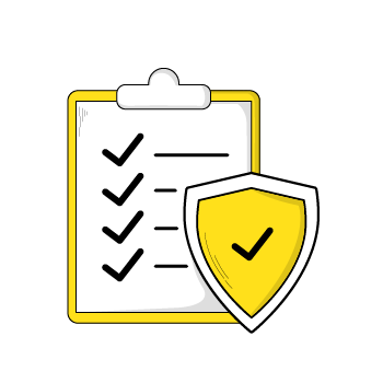HIPAA compliant email - Line drawing of five security shield icons in yellow and black, showing a progression of checkmarks and protection symbols