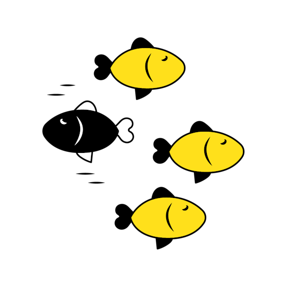 webhooks vs API - Three yellow cartoon fish swimming in a row with one black fish swimming in the opposite direction between them
