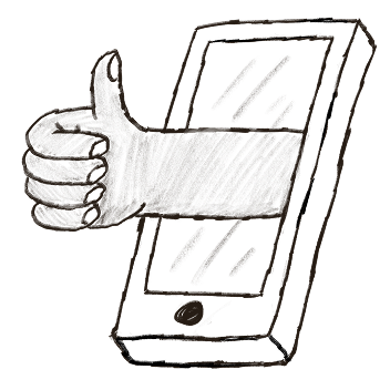 Illustration of a hand showing a thumbs up, emerging from a cellphone
