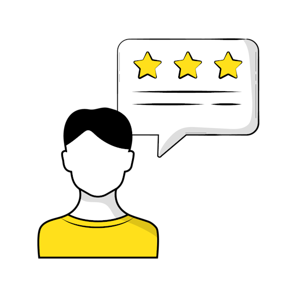 company testimonials - illustration of a person in a yellow shirt with three yellow stars displayed above in a speech bubble 