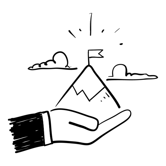 Graphic of a hand holding a mountain with a flag