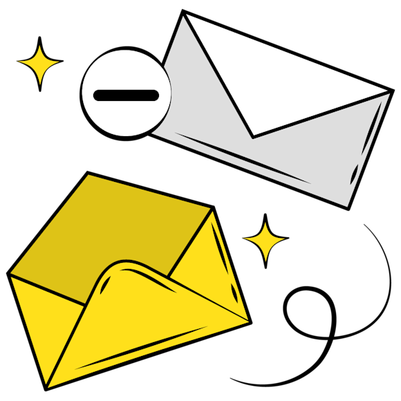 email deliverability - Stylized illustration of two white and one yellow geometric shapes with sparkle accents