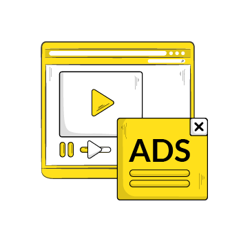 video ad networks - A series of browser windows showing digital advertising elements in yellow and black, with close buttons and media controls