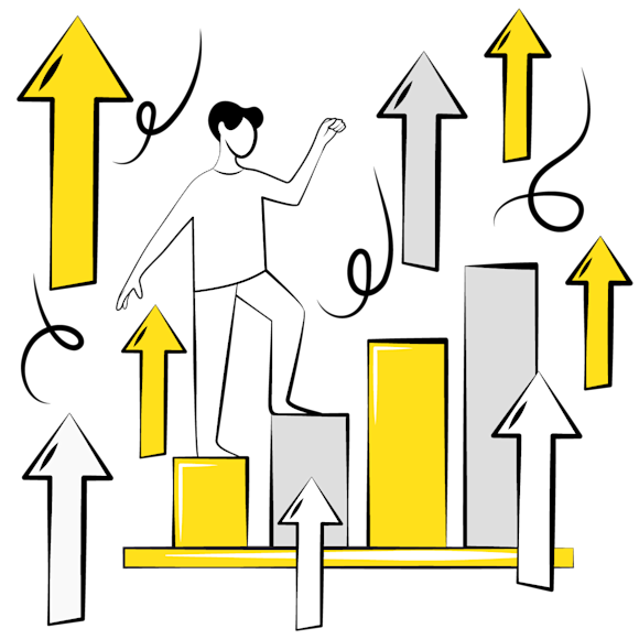 business benchmarking process - Line drawing of a figure climbing upward steps surrounded by rising yellow and gray arrows