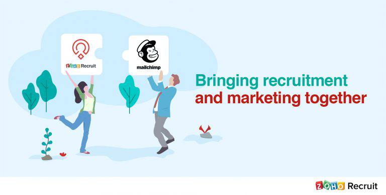 Image of two people one with a Zoho Recruit sign the other with a mailchimp sign and the text bringing recruitment and marketing together