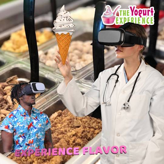 Two people wearing VR headsets at a frozen yogurt shop, with a doctor's coat and stethoscope, and "The Yogurt Experience" branding