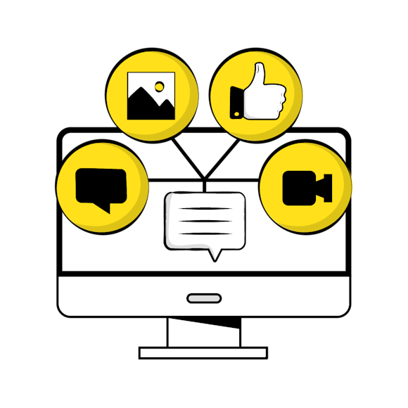 implement value-based marketing - Computer monitor with four yellow circular icons showing image, thumbs-up, chat bubble, and video camera symbols, and a speech bubble in center